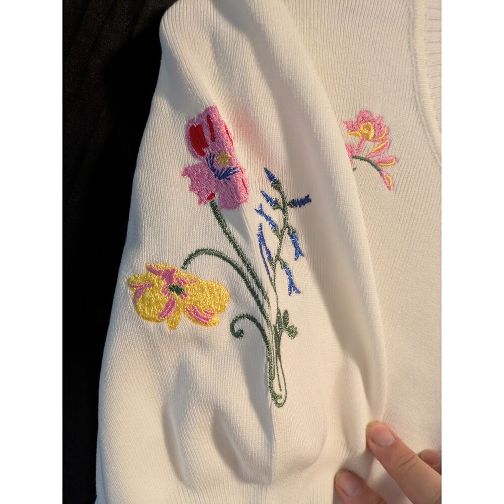 Free Assembly Embroidered Cardigan Sweater with Puff Sleeves, Lightweight M - Picture 3 of 4